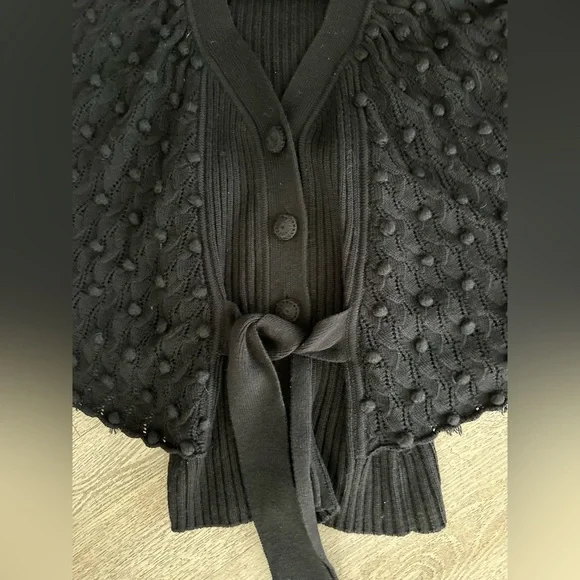 Rebecca Taylor Black Wool Blend Pompom Tie Front Cardigan Sweater - Picture 7 of 8